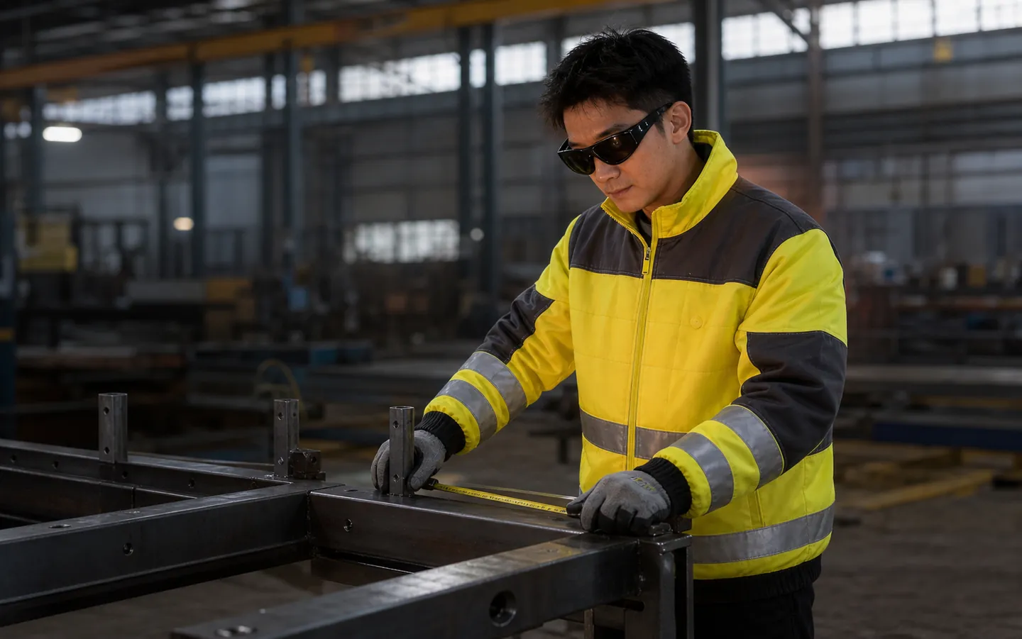 Industrial technician wearing realistic high-visibility workwear in a fabrication environment